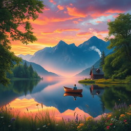 A serene and picturesque landscape featuring a tranquil lake reflecting the surrounding mountains at sunset, the sky painted in vibrant hues of orange, pink, and purple