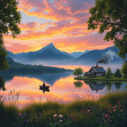A serene and picturesque landscape featuring a tranquil lake reflecting the surrounding mountains at sunset, the sky painted in vibrant hues of orange, pink, and purple