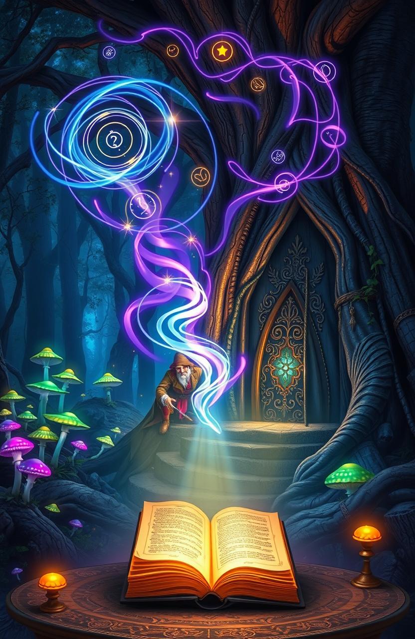 A glowing ancient book resting open on a pedestal, surrounded by swirling magical symbols floating above it, illuminating the scene with a soft blue and gold light