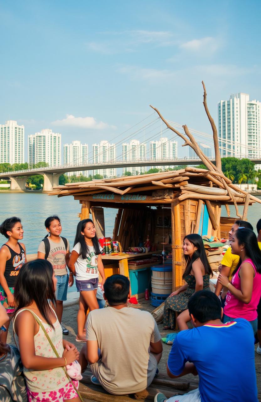 A vibrant scene set in the early 2000s in the Philippines, featuring a diverse group of teenagers gathered at a picturesque riverside