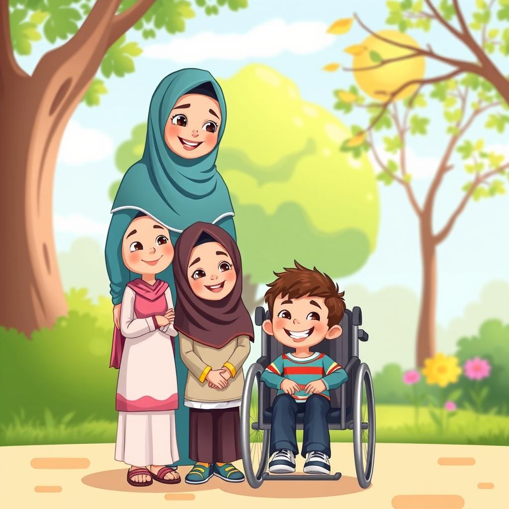 A colorful and joyful cartoon-style illustration of two sisters and their mother wearing a hijab