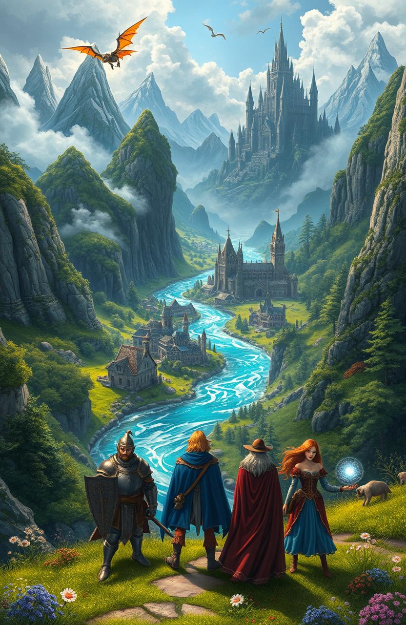 A mystical fantasy world filled with lush landscapes, ancient castles, and mysterious forests