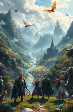 A mystical fantasy world filled with lush landscapes, ancient castles, and mysterious forests