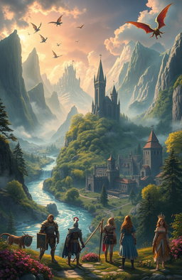 A mystical fantasy world filled with lush landscapes, ancient castles, and mysterious forests