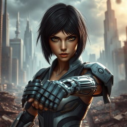 A futuristic female cyborg warrior inspired by the character Alita, featuring short dark hair and striking expressive eyes