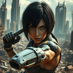 A futuristic female cyborg warrior inspired by the character Alita, featuring short dark hair and striking expressive eyes