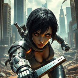 A futuristic female cyborg warrior inspired by the character Alita, featuring short dark hair and striking expressive eyes