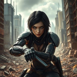A futuristic female cyborg warrior inspired by the character Alita, featuring short dark hair and striking expressive eyes