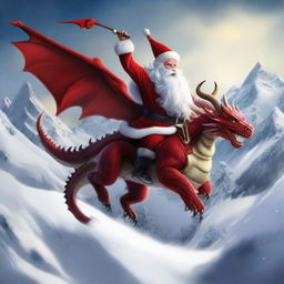 Santa Claus riding a majestic dragon instead of his classic reindeer sleigh, flying high over a snowy landscape.