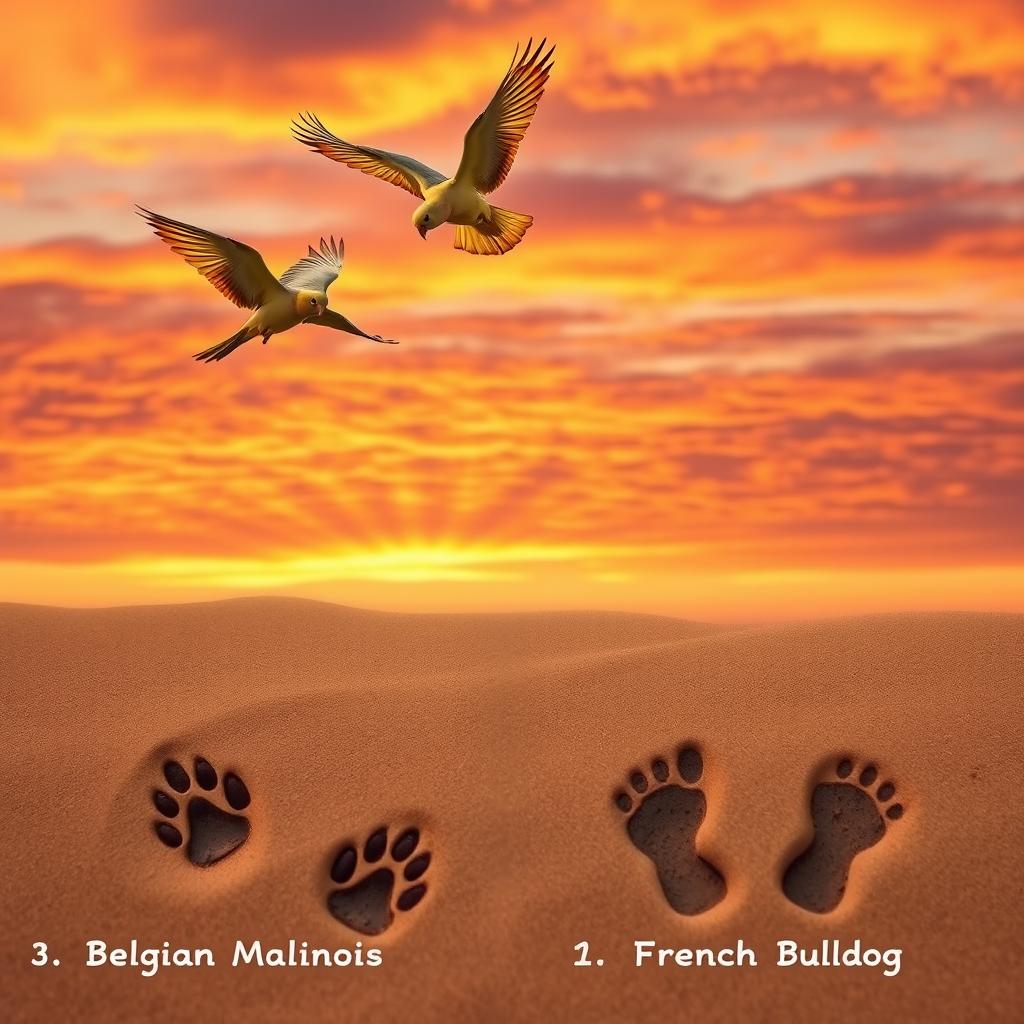 Two cockatiels gracefully flying in a vibrant sunset sky filled with warm oranges and purples