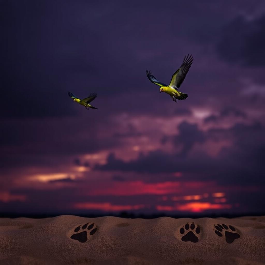 Two cockatiels soaring gracefully in a moody dark sunset sky, blended with deep purples and blacks