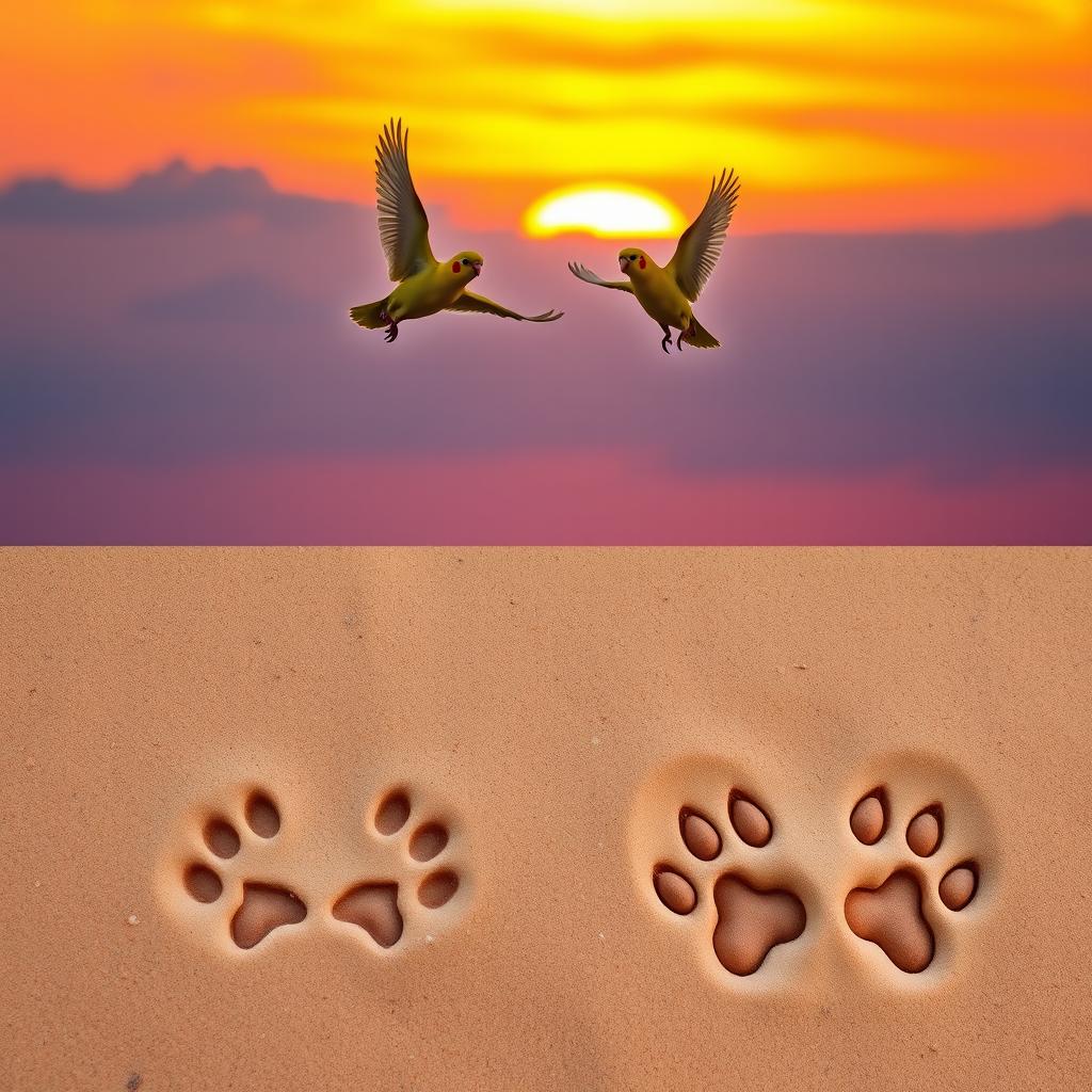 In a stunning sunset scene, two cockatiels are flying joyfully in the sky, bathed in warm hues of orange, pink, and purple