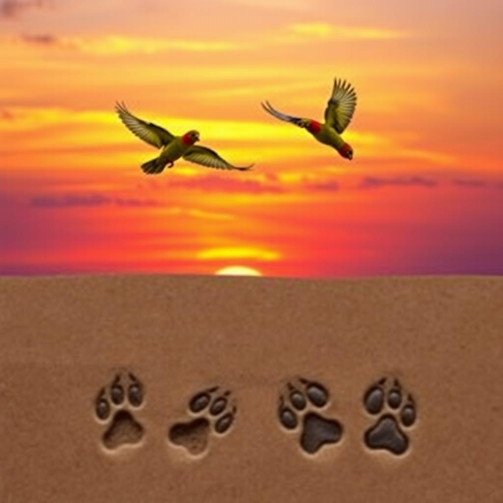 A realistic depiction of two cockatiels flying in the sky during a stunning sunset, with vibrant colors transitioning from deep orange to soft purple