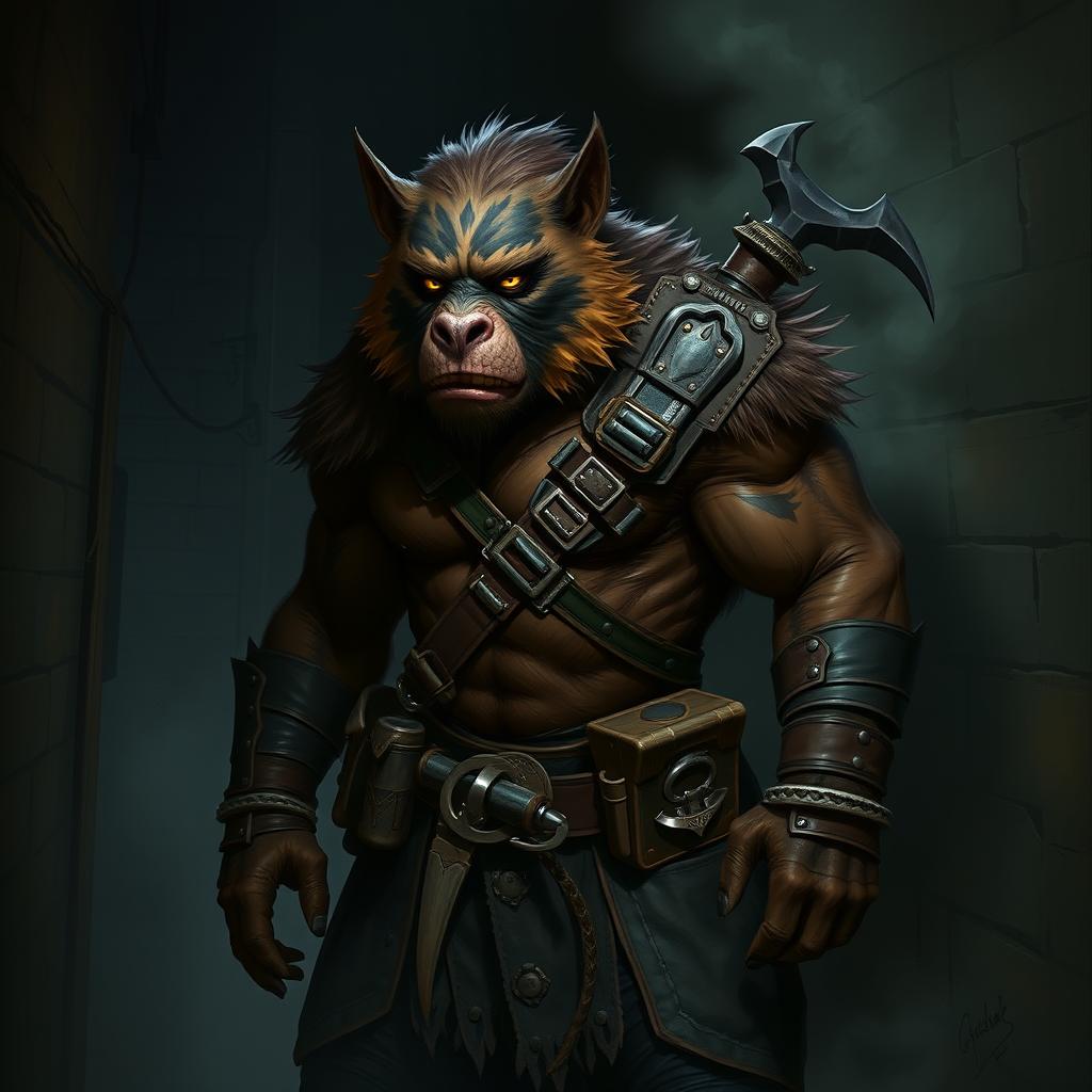 A male bugbear rogue, with a muscular yet agile build, standing stealthily in a dark, shadowy alley