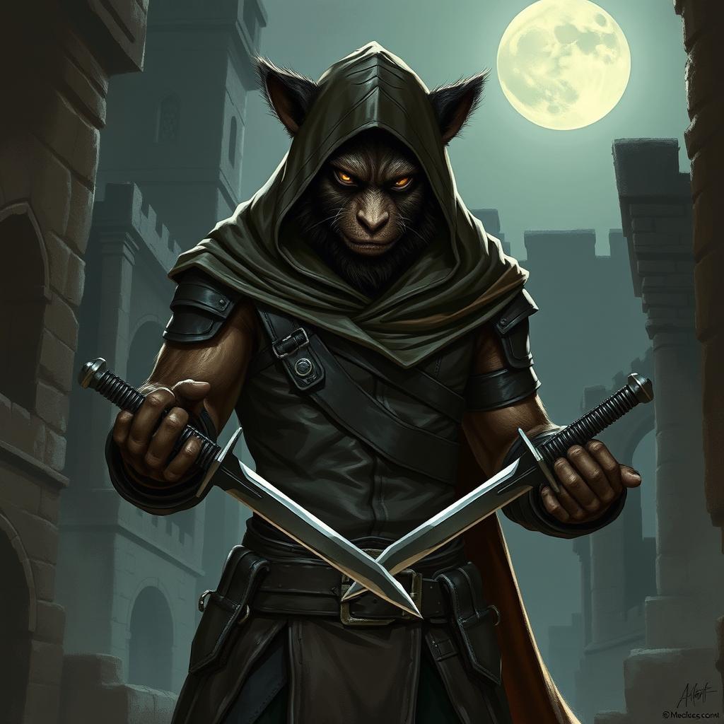 A male bugbear rogue assassin, characterized by his slim, muscular physique and stealthy demeanor