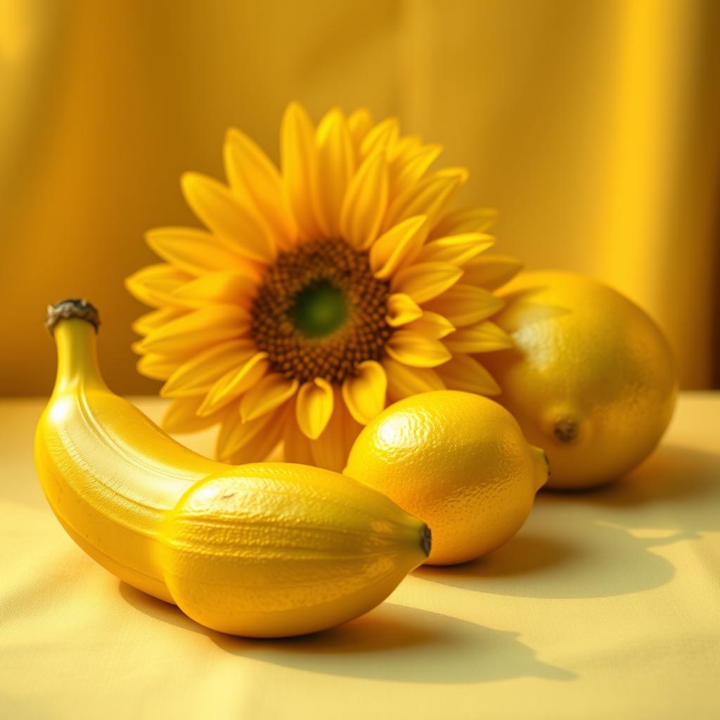 A vibrant still life composition featuring various yellow objects transformed into magnificent golden items