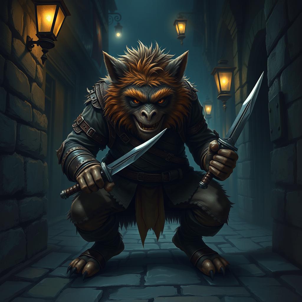 A bugbear rogue depicted in a dark, shadowy alley, blending into the shadows with an air of stealth and cunning