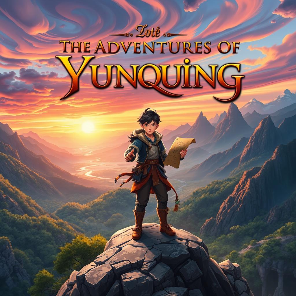 A captivating book cover for 'The Adventures of Yunqing', featuring a young, adventurous hero named Yunqing standing confidently atop a rugged mountain peak, overlooking a vast and enchanting landscape filled with lush forests and sparkling rivers
