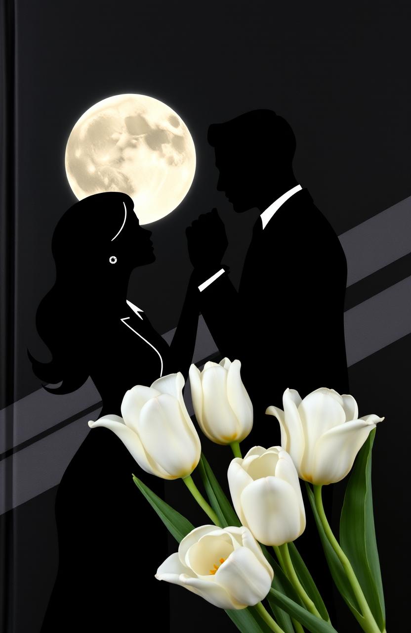 An outlined black couple, the woman in a professional suit and the man also in a suit, depicting a romantic gesture as he kisses her hand