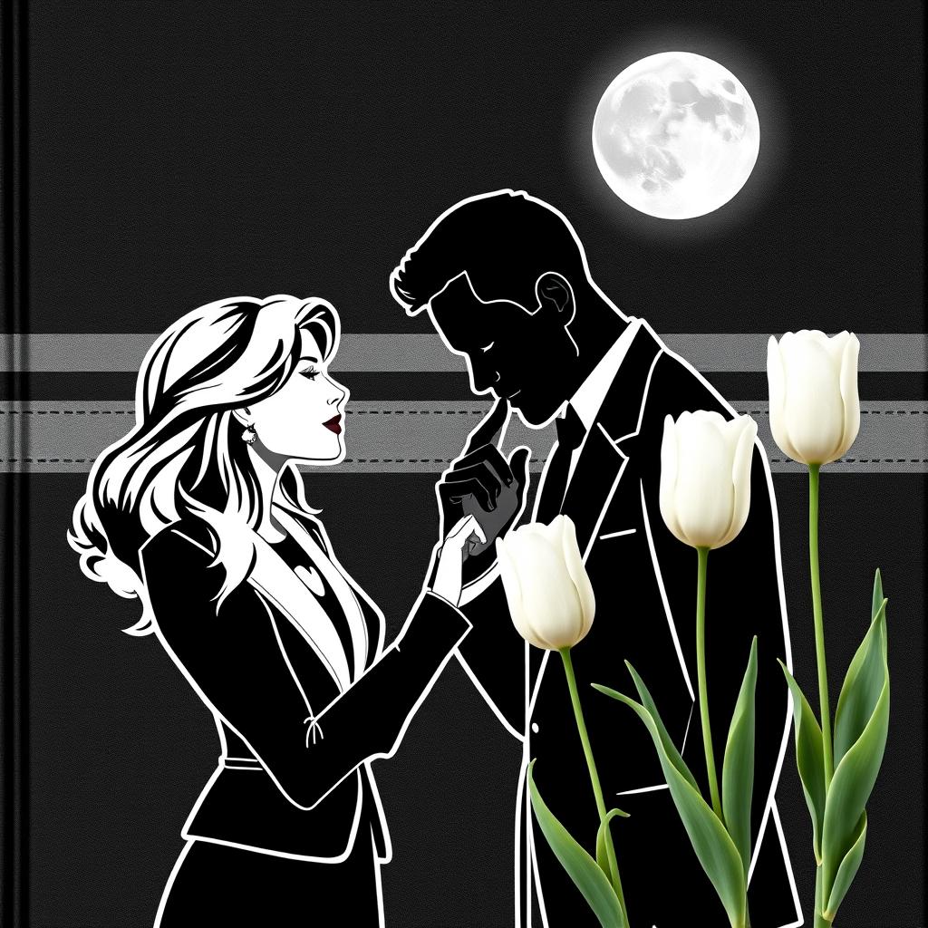 A white outlined black couple, the woman in a professional suit and the man also in a suit, depicted in a romantic moment as he kisses her hand