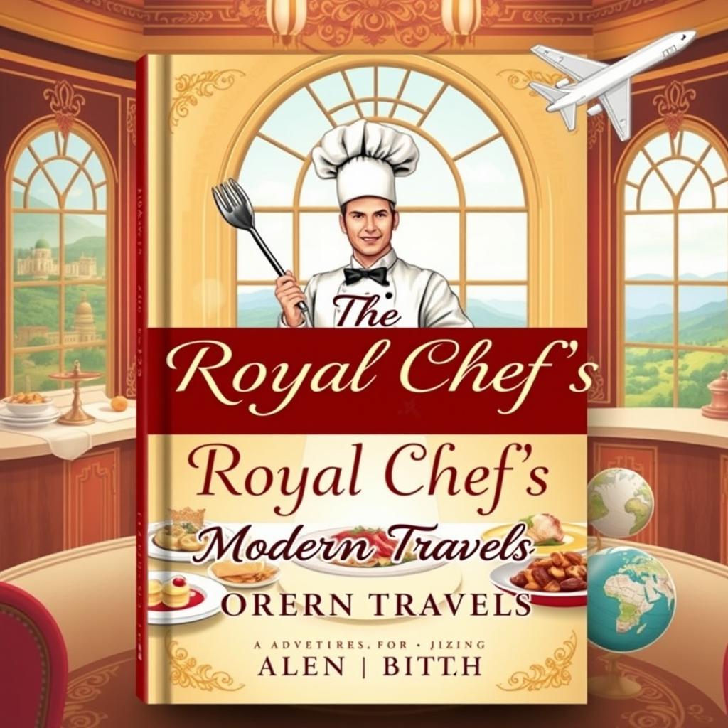 A captivating book cover for a novel titled 'The Royal Chef's Modern Travels'