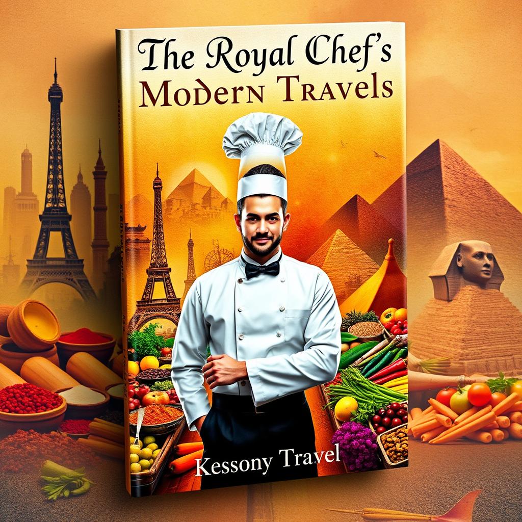 A captivating book cover for a novel titled 'The Royal Chef's Modern Travels'