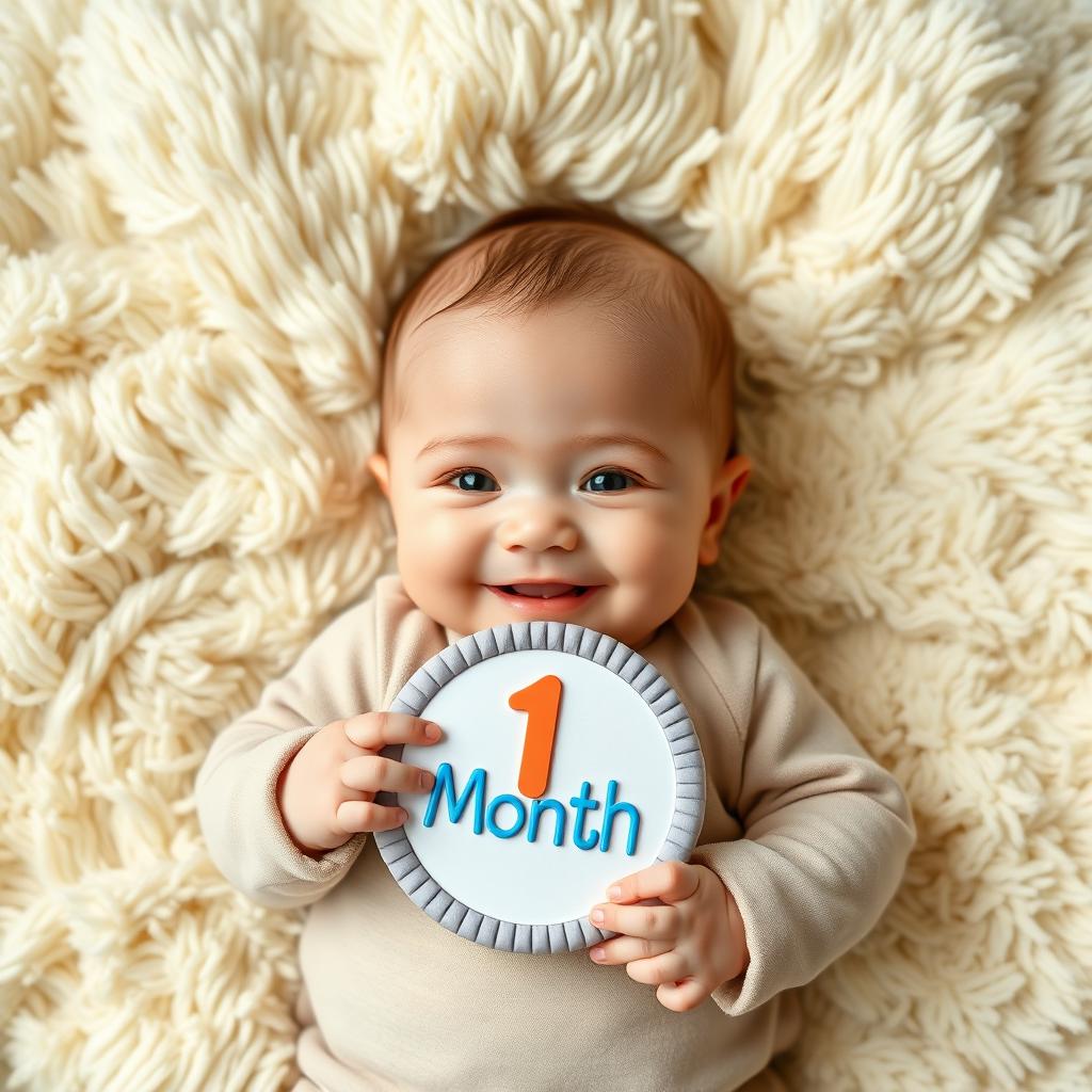 A cute baby laying on a soft, fluffy blanket with a bright, playful expression