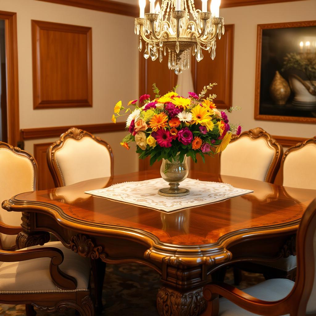 A beautifully crafted wooden table, showcasing intricate carvings along the edges and a glossy finish
