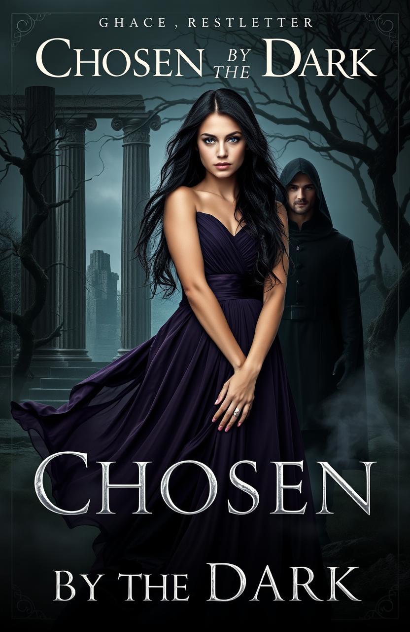 A captivating book cover for 'Chosen by the Dark', depicting a young woman in her 20s with long, flowing dark hair and piercing blue eyes, standing confidently amid a gothic landscape