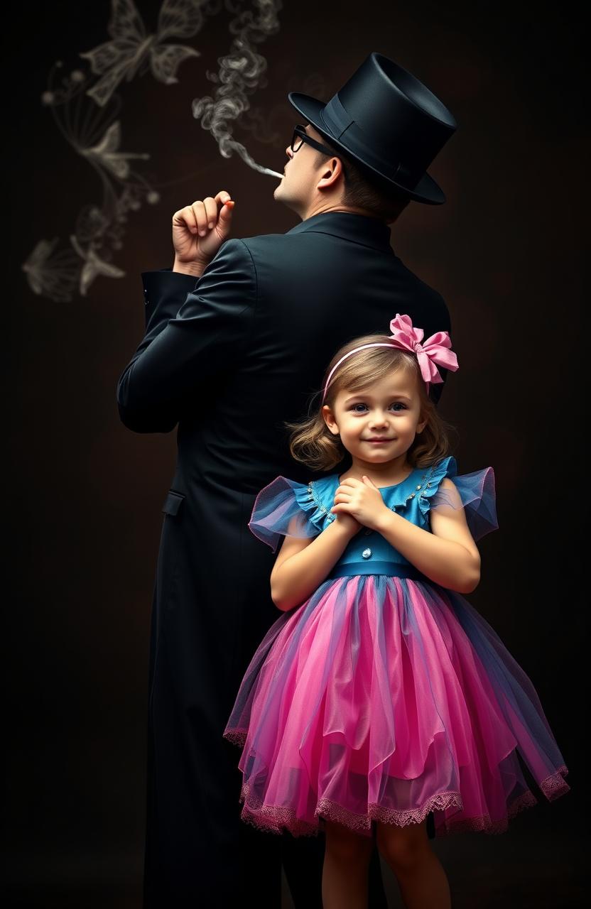 A man in a stylish black dress and a hat, giving off a devilish vibe as he leans back and smokes a cigarette