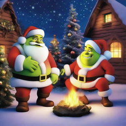 Santa Claus and Shrek, warmly illuminated by a campfire surrounded by twinkling Christmas decorations in a nighttime setting.