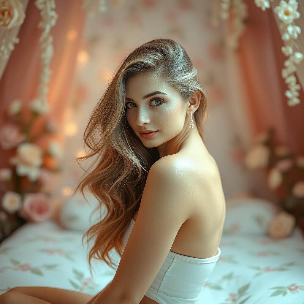 A beautiful woman elegantly posed in an alluring manner, focusing on her graceful curves and captivating expression, with flowing hair cascading down her shoulders
