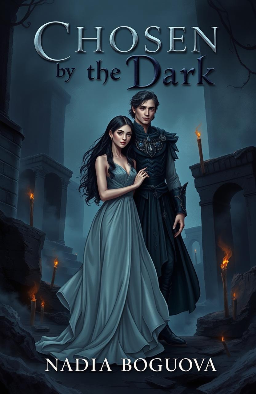 A gothic book cover illustration for the story 'Chosen by the Dark' by Nadia Bogunova, featuring a young woman in her 20s with long dark hair, dressed in a flowing ethereal gown, standing confidently in a dark, enchanted underworld landscape