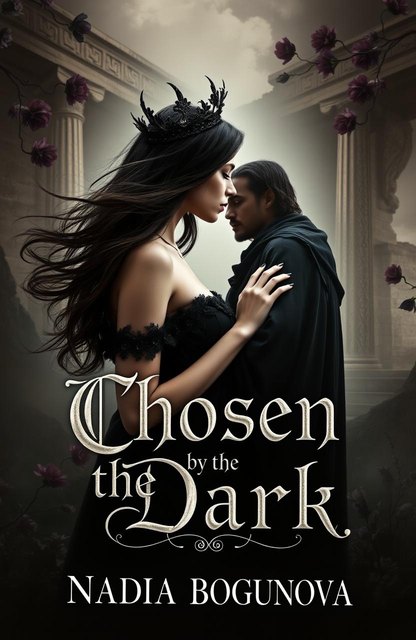 A gothic style book cover featuring a young woman in her 20s with flowing dark hair and a pale complexion, standing in an ancient, shadowy Greek landscape adorned with mystical elements