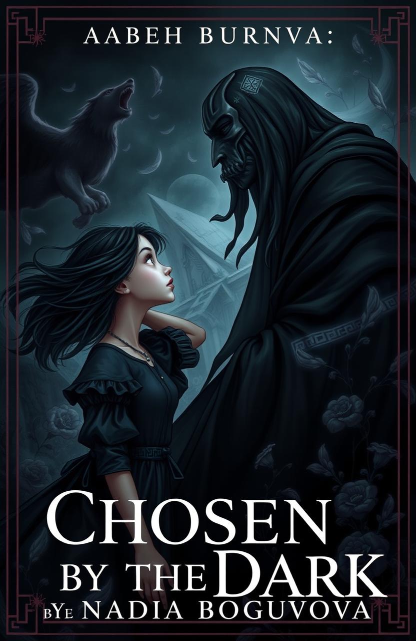 A captivating book cover for a story titled "Chosen by the Dark" by Nadia Bogunova, set in Greek Mythology