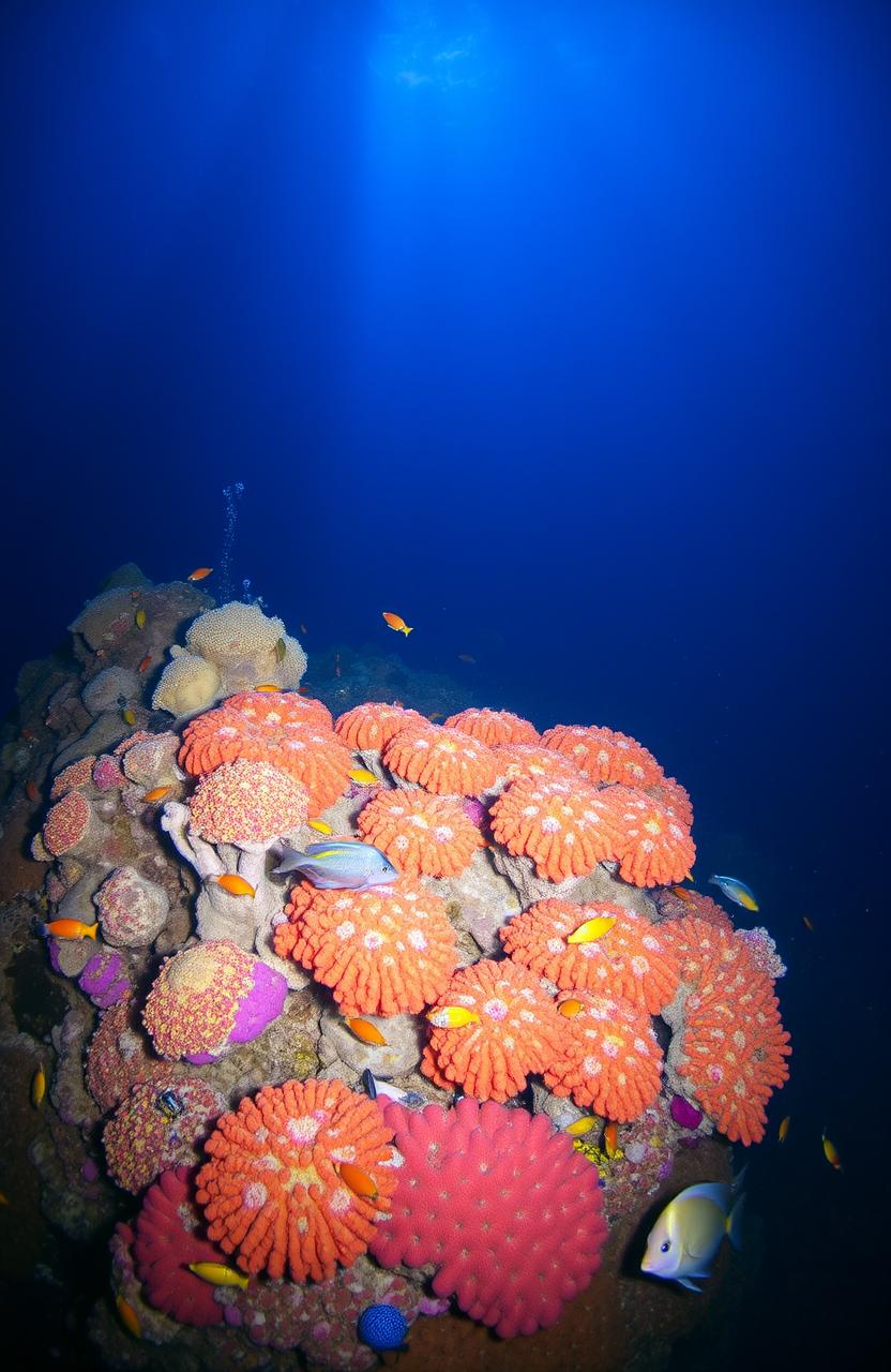 A deep underwater scene showcasing a vibrant coral reef teeming with colorful fish, intricate coral formations, and shafts of sunlight piercing through the water to illuminate the scene