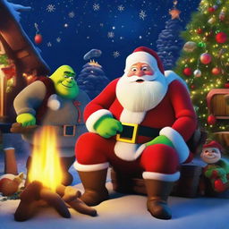 Santa Claus and Shrek, warmly illuminated by a campfire surrounded by twinkling Christmas decorations in a nighttime setting.