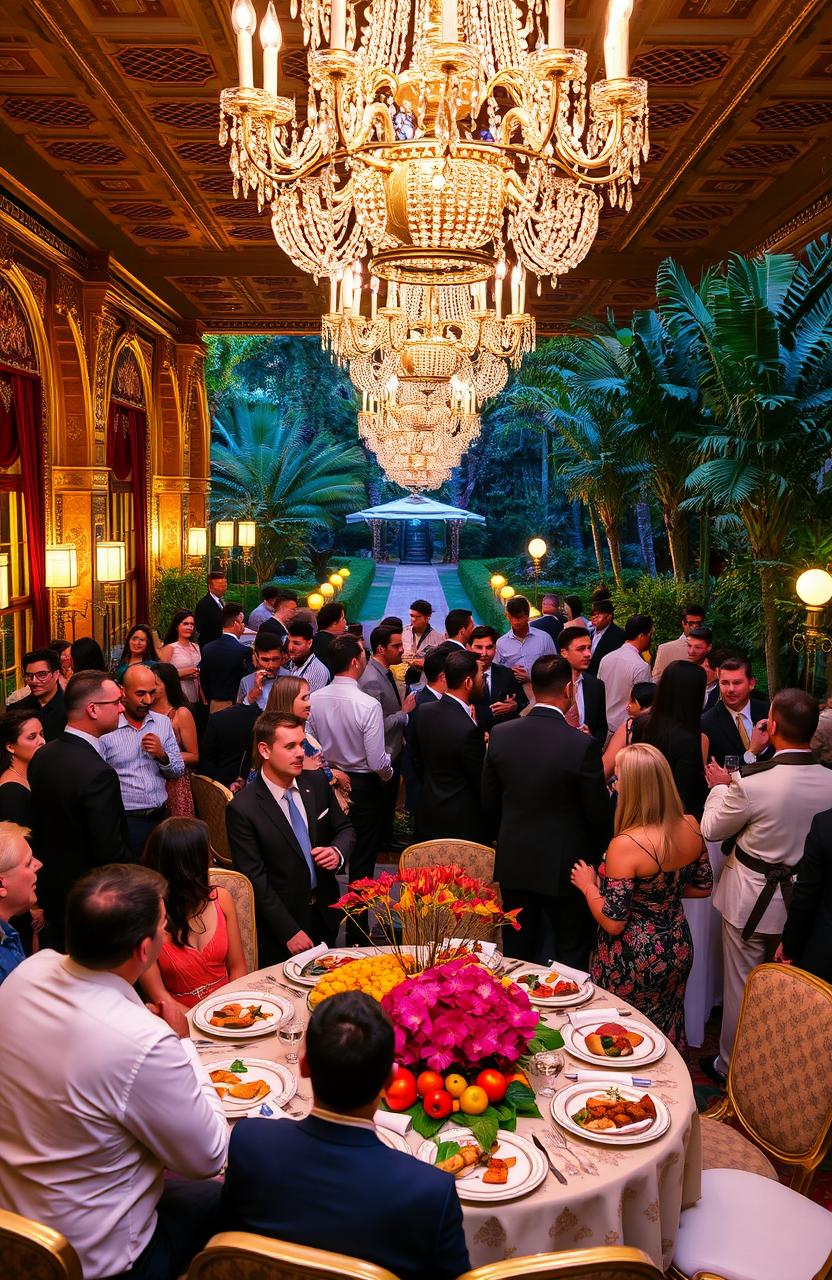 A prestigious networking event inspired by the luxurious ambiance of a sultan's palace, featuring elegantly dressed professionals engaging in conversation under opulent chandeliers