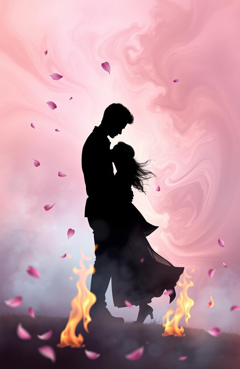 A soft aesthetic scene depicting a passionate love story intertwined with flames