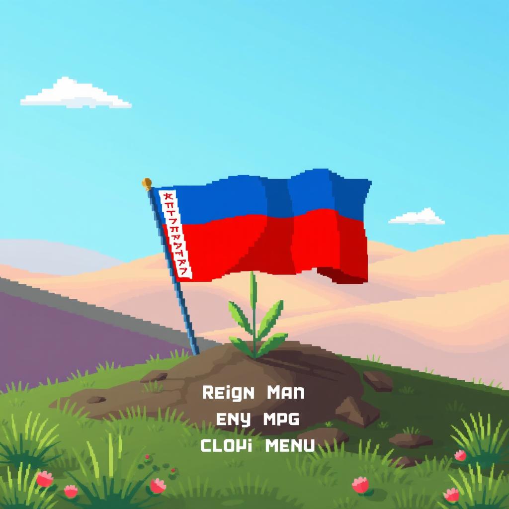 A vibrant pixel art image depicting a serene and inviting game main menu, featuring a Belarusian flag planted into the ground