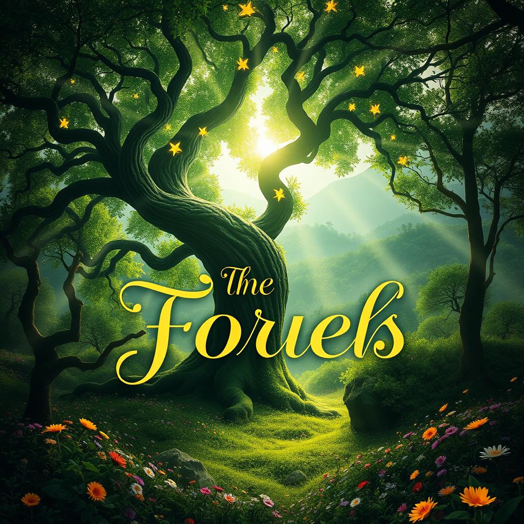 A captivating book cover design featuring an enchanting forest scene with an ancient, twisted tree at the center