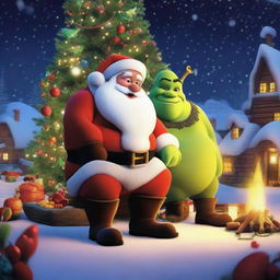 Santa Claus and Shrek, warmly illuminated by a campfire surrounded by twinkling Christmas decorations in a nighttime setting.