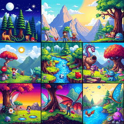 A vibrant collection of pixel art featuring fantasy landscapes, colorful characters, and whimsical creatures