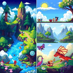 A vibrant collection of pixel art featuring fantasy landscapes, colorful characters, and whimsical creatures