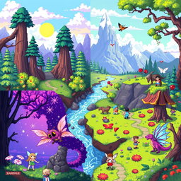 A vibrant collection of pixel art featuring fantasy landscapes, colorful characters, and whimsical creatures