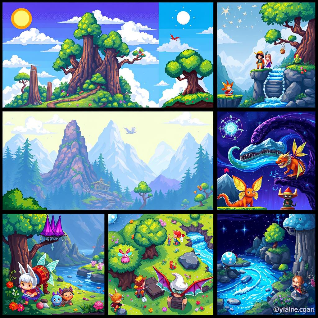A vibrant collection of pixel art featuring fantasy landscapes, colorful characters, and whimsical creatures