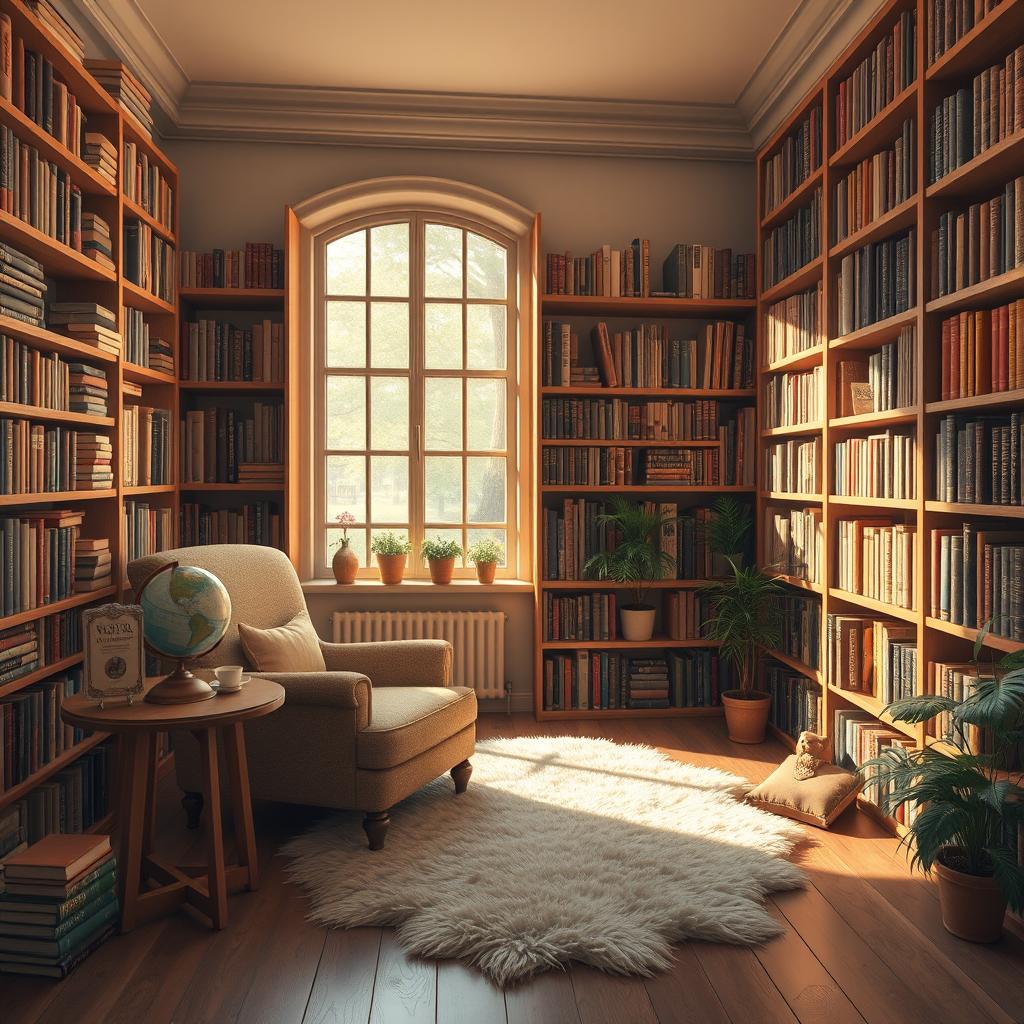 A cozy and inviting library setting with shelves filled with books of various sizes and colors