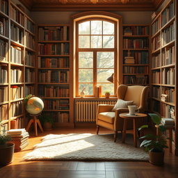 A cozy and inviting library setting with shelves filled with books of various sizes and colors