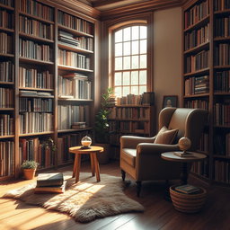 A cozy and inviting library setting with shelves filled with books of various sizes and colors