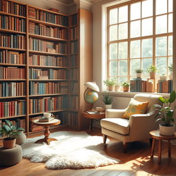 A cozy and inviting library setting with shelves filled with books of various sizes and colors